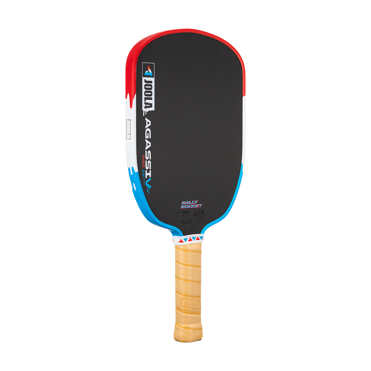 Product image of the JOOLA Agassi Pro V Rally Rocket pickleball paddle. Red, white and blue edge guard.