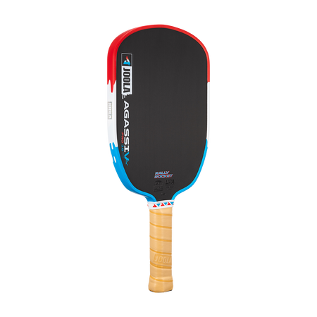 Product image of the JOOLA Agassi Pro V Rally Rocket pickleball paddle. Red, white and blue edge guard.