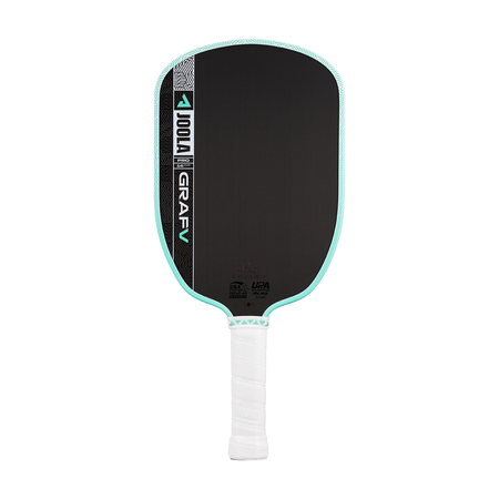 White background, product image of the Graf Pro V pickleball paddle, teal edge guard with a white handle.