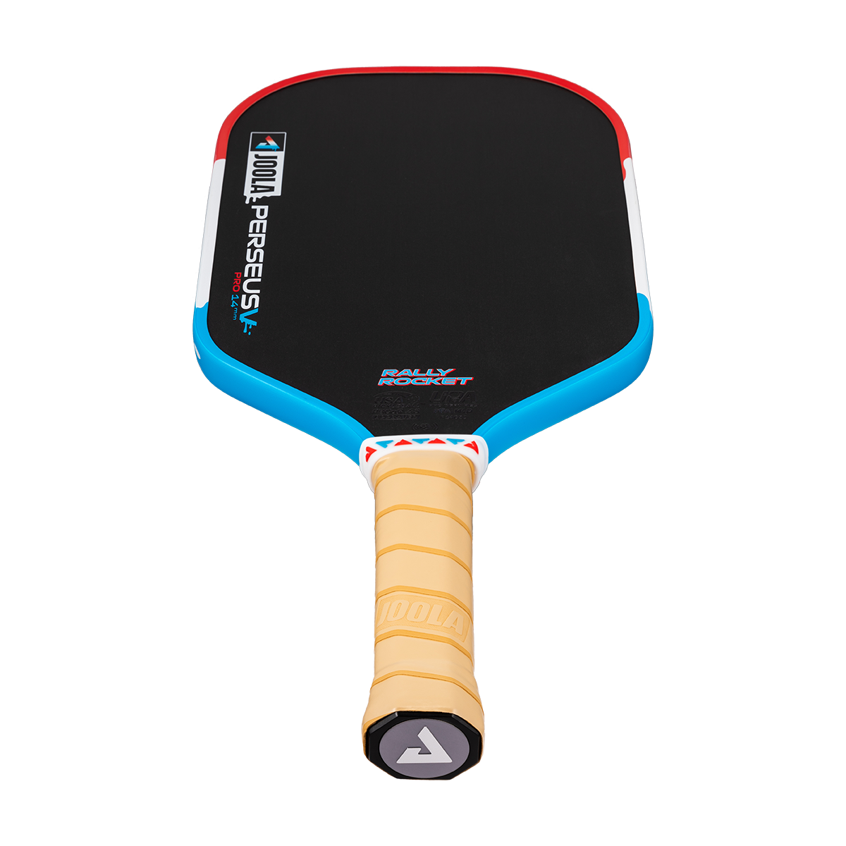 Product image of the Perseus Pro V Rally Rocket pickleball paddle, red, white and blue edge guard.