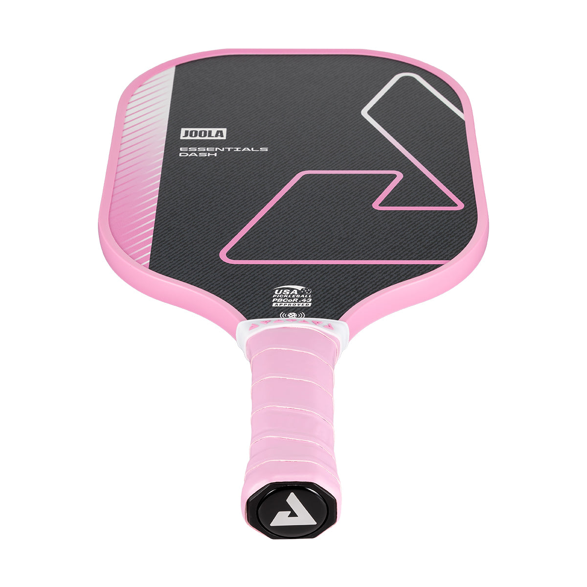White background, product image of the JOOLA Essentials Dash pickleball paddle with pink handle and matching edge guard.