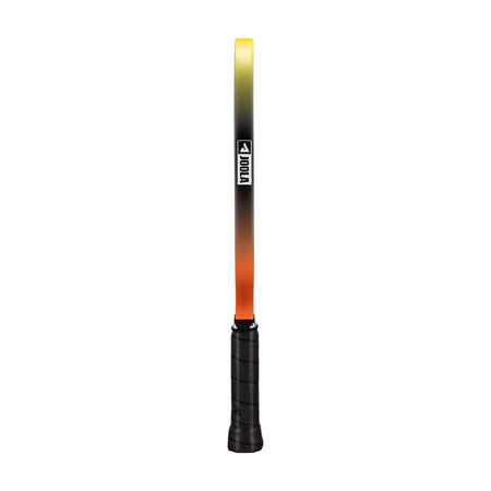 White background, image of the side of a JOOLA 3S Dual Scorpeus pickleball paddle, image shows the Yellow and Orange gradiant edge guard.