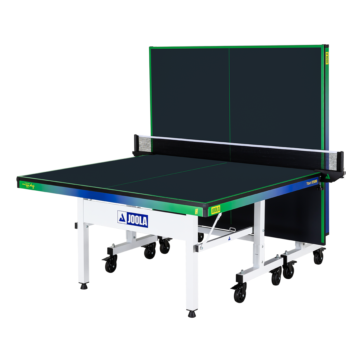 Half folded JOOLA x Hugo Calderano Tour 2500 table tennis table.