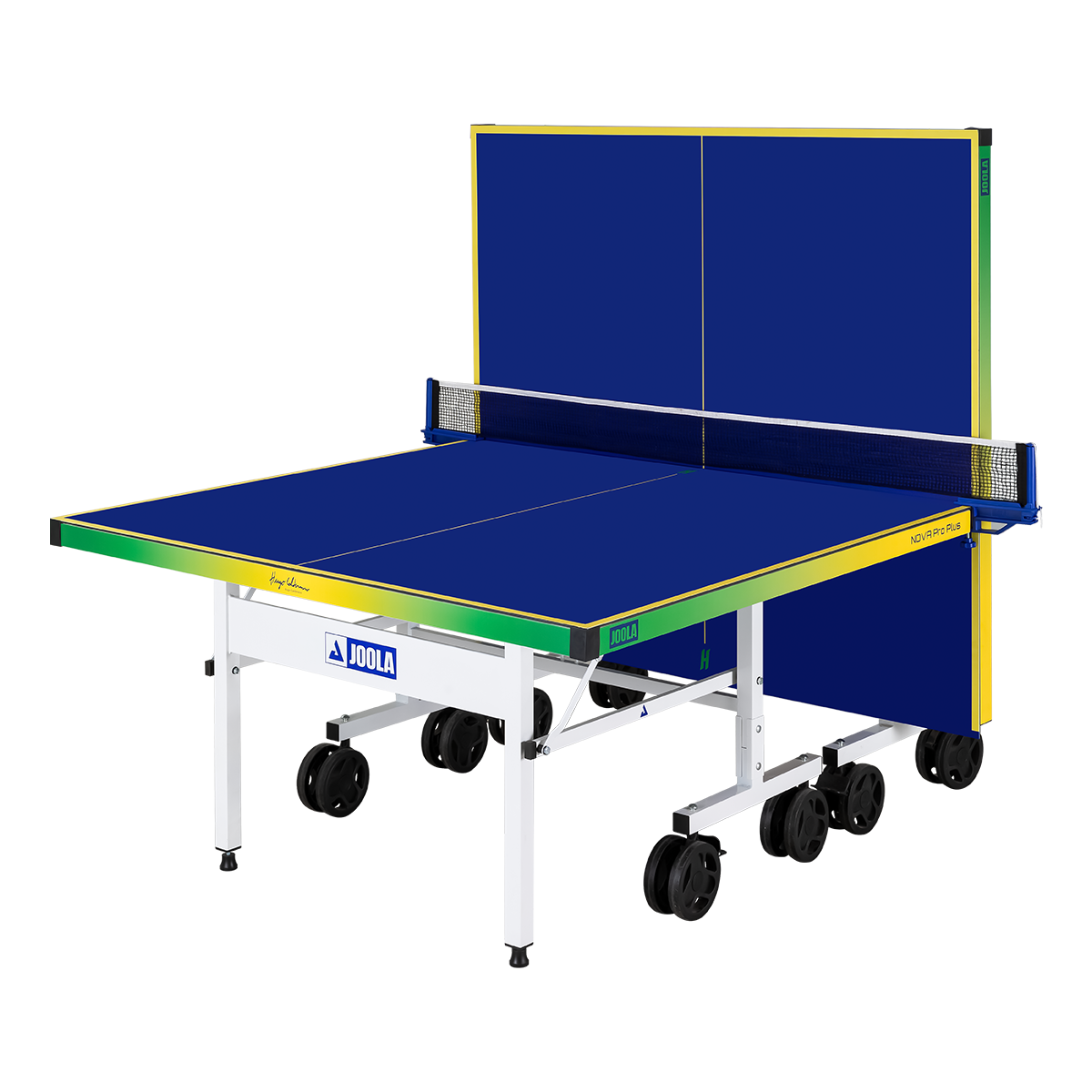 Image of the JOOLA x Hugo Calderano table tennis table. The table is folded in half.