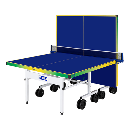 Image of the JOOLA x Hugo Calderano table tennis table. The table is folded in half.
