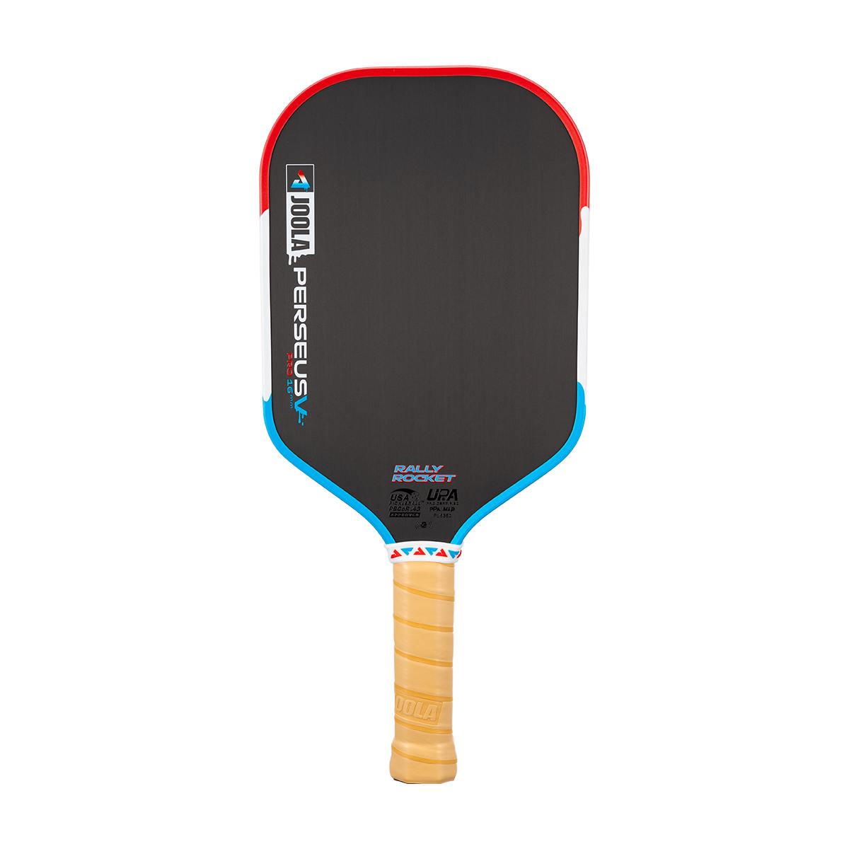 Image of the JOOLA Perseus Pro V Rally Rocket pickleball paddle, red, white and blue colorway.