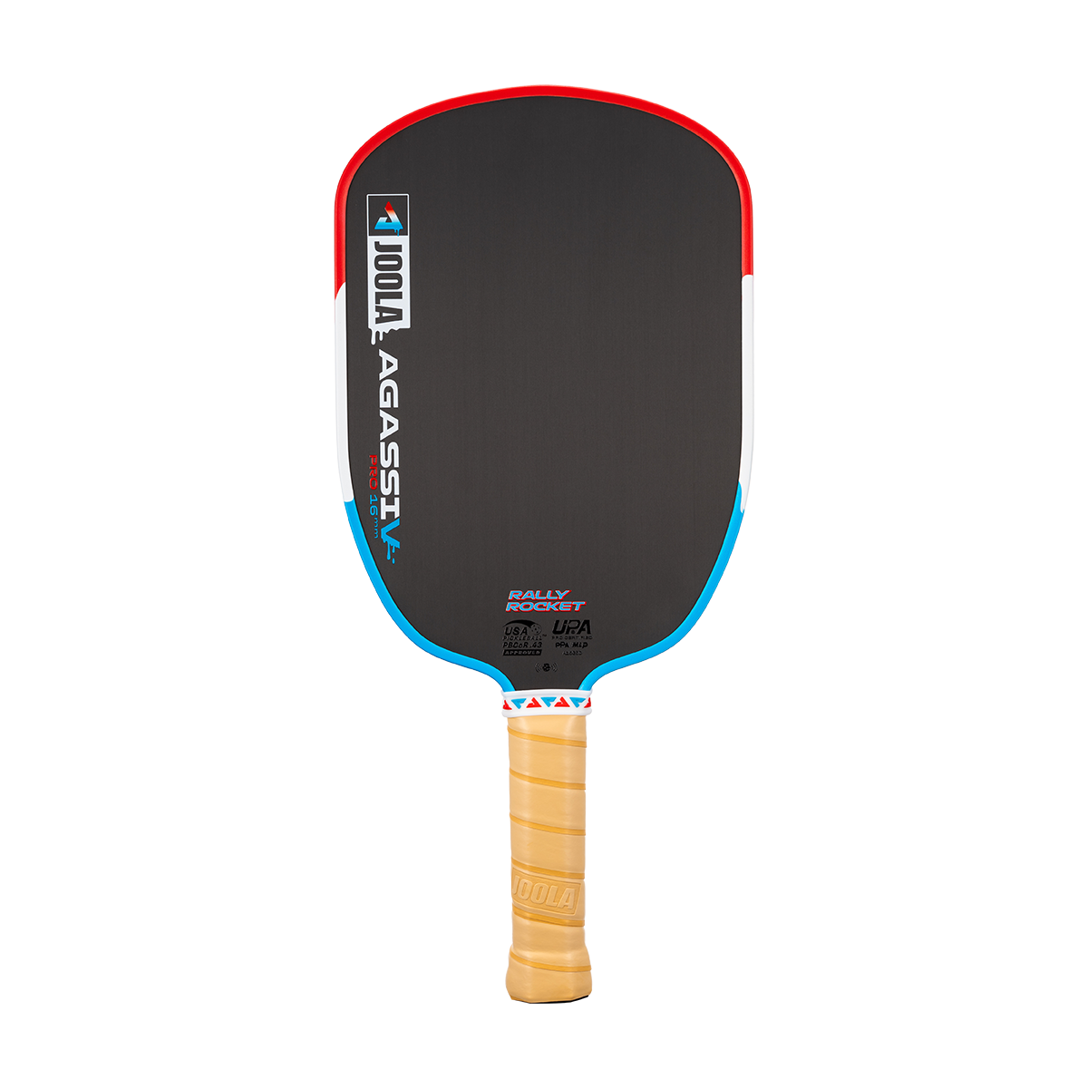 Product image of the JOOLA Agassi Pro V Rally Rocket pickleball paddle. Red, white and blue edge guard.