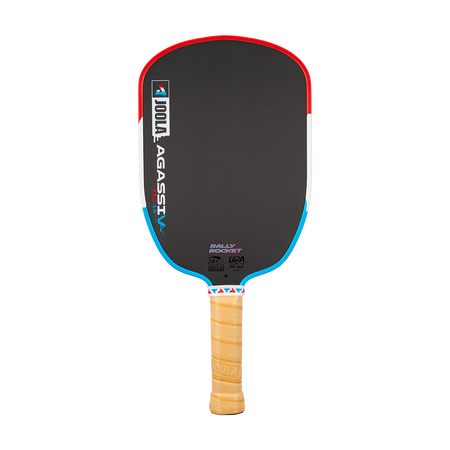 Product image of the JOOLA Agassi Pro V Rally Rocket pickleball paddle. Red, white and blue edge guard.