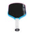 Pickleball paddle with black surface, blue frame, and white handle on a white background.