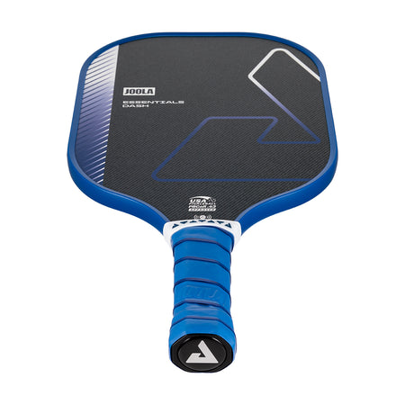 White background, product image of the JOOLA Essentials Dash pickleball paddle with dark blue edge guard and dark blue handle.