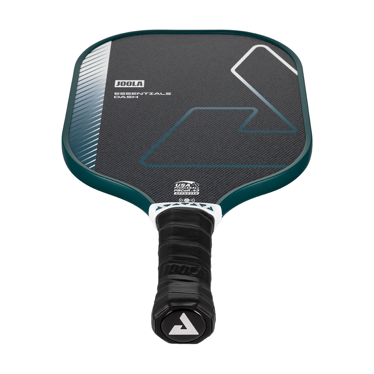 White background, product image of the JOOLA Essentials Dash pickleball paddle with black handle and club green colored edge guard.