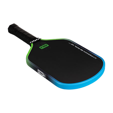 White background, JOOLA Hyperion 3S Dual Pickleball Paddle. Blue and green edge guard and black handle.