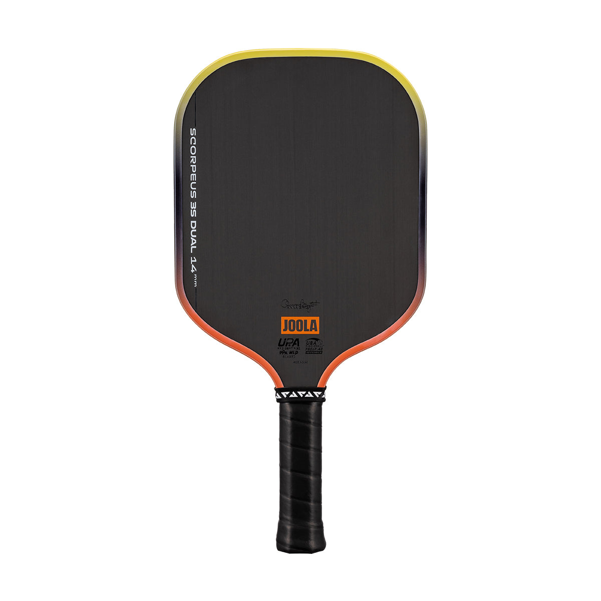 White background, Orange and Yellow gradiant edge guard on the JOOLA 3S Dual Scorpeus Pickleball Paddle.