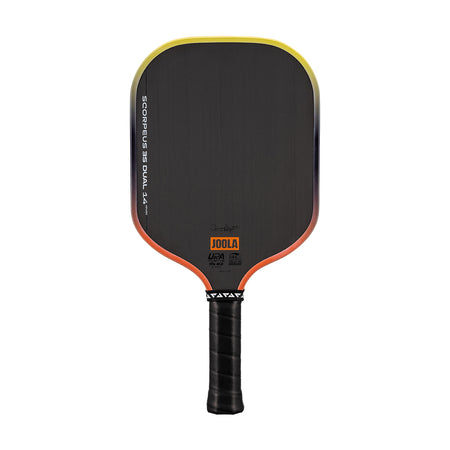 White background, Orange and Yellow gradiant edge guard on the JOOLA 3S Dual Scorpeus Pickleball Paddle.