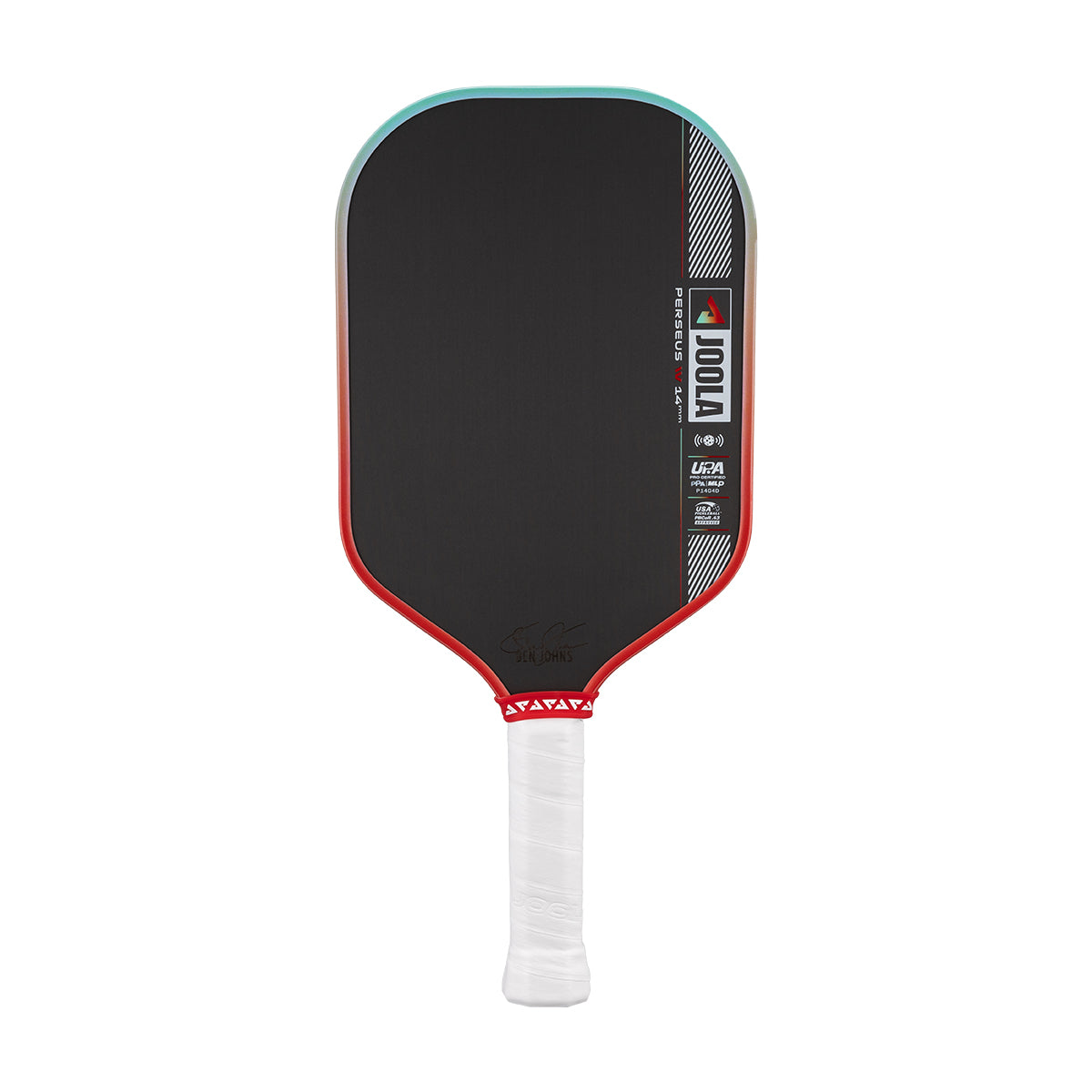 Pickleball paddle with black surface, red border, and white handle on a white background