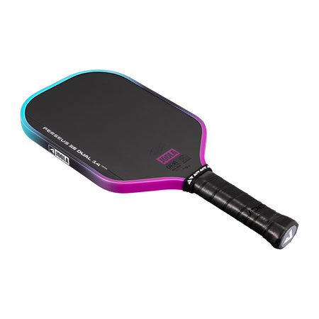 White background, image of a JOOLA Perseus 3S Dual pickleball paddle with a purple and blue dual gradiant edge guard.