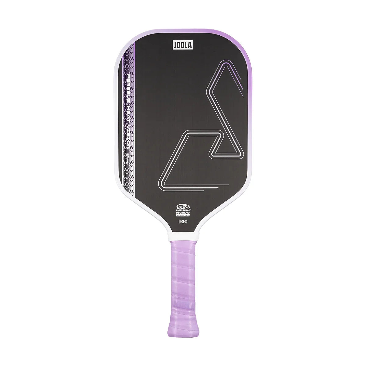 White background, image of the Perseus Heat Vision pickleball paddle, white and purple edge guard and purple handle.