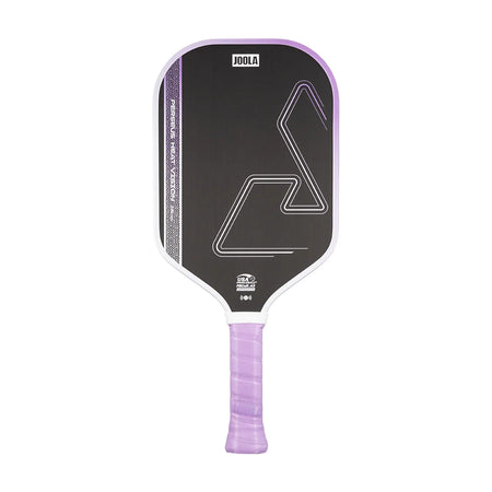 White background, image of the Perseus Heat Vision pickleball paddle, white and purple edge guard and purple handle.