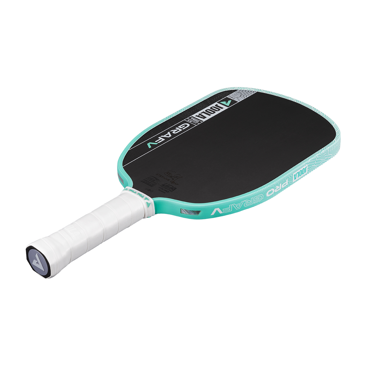White background, product image of the Graf Pro V pickleball paddle, teal edge guard with a white handle.