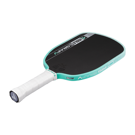 White background, product image of the Graf Pro V pickleball paddle, teal edge guard with a white handle.