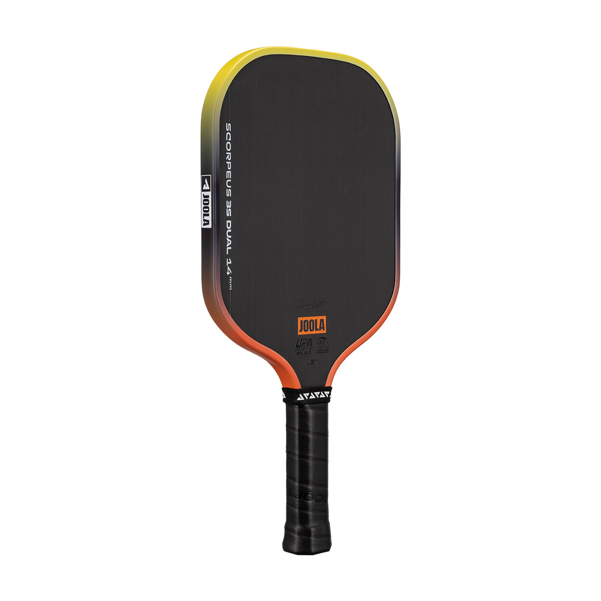 White background, Orange and Yellow gradiant edge guard on the JOOLA 3S Dual Scorpeus Pickleball Paddle.