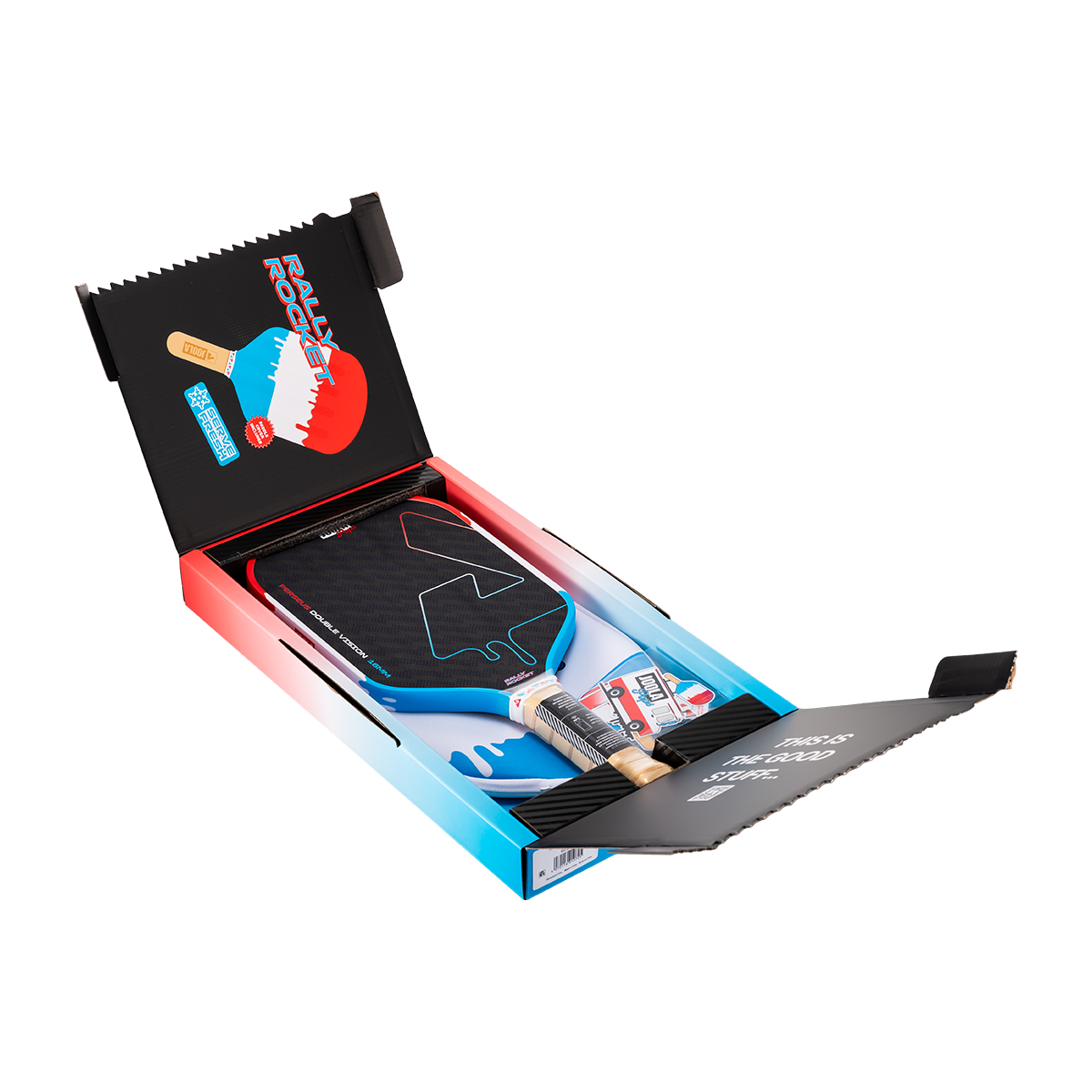 Image of an open JOOLA Perseus Double Vision pickleball paddle in it's premium packaging.