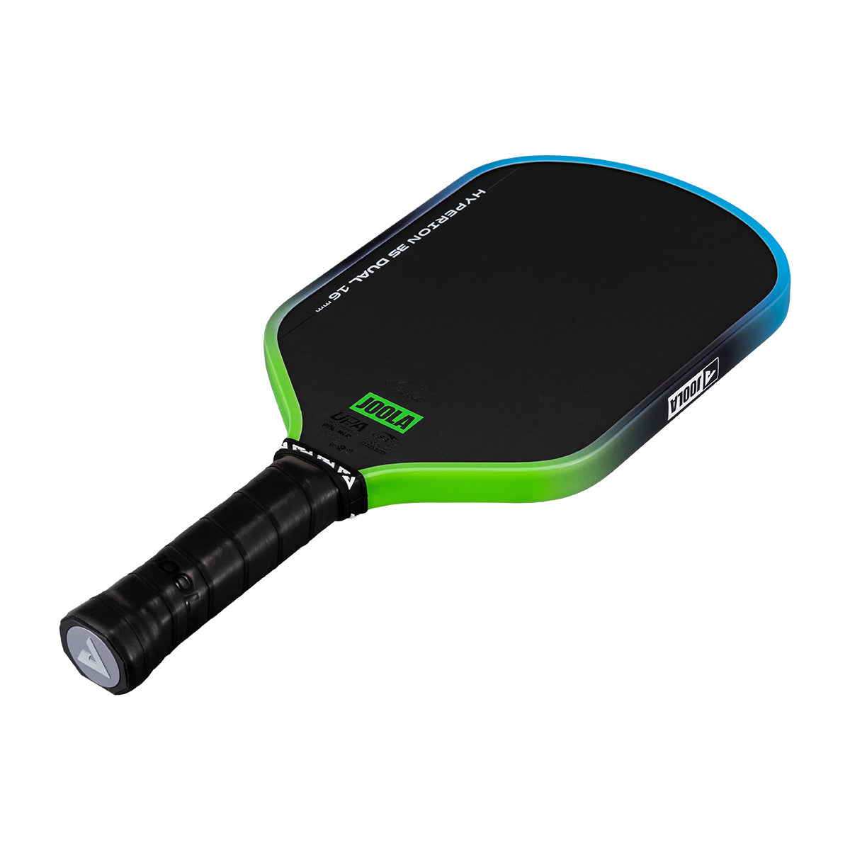 White background, image of the JOOLA Hyperion 3S Dual Pickleball paddle with blue and green edge guard.