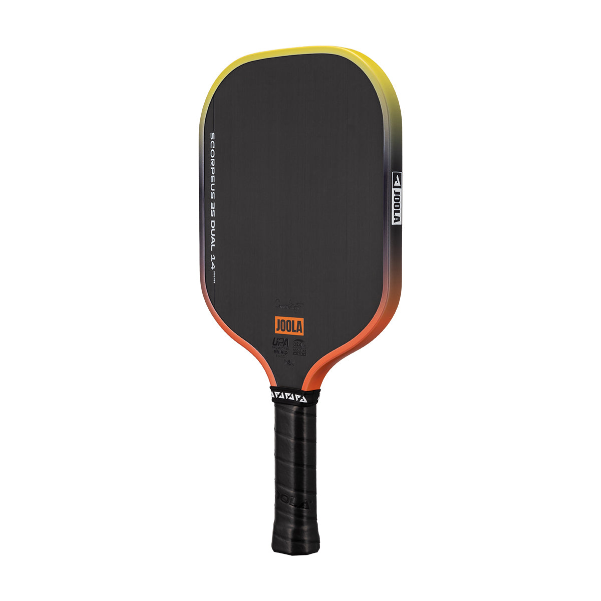 White background, Orange and Yellow gradiant edge guard on the JOOLA 3S Dual Scorpeus Pickleball Paddle.