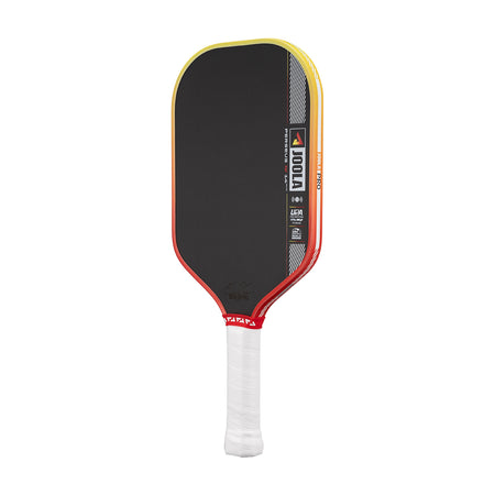 Pickleball paddle with black face, red sides, and white handle on a white background