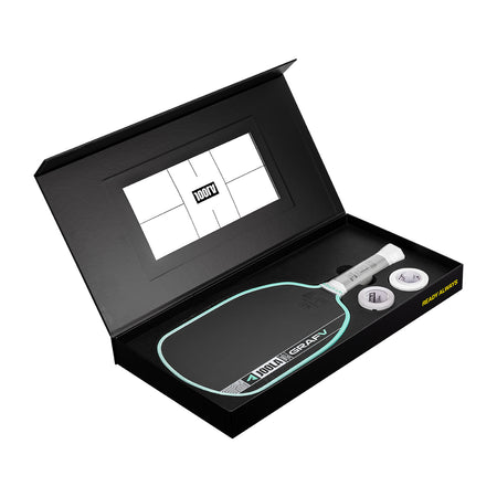 White backround, image of an open Pro V premium package with Graf Pro V shown with edge guard tape and extra over grip.