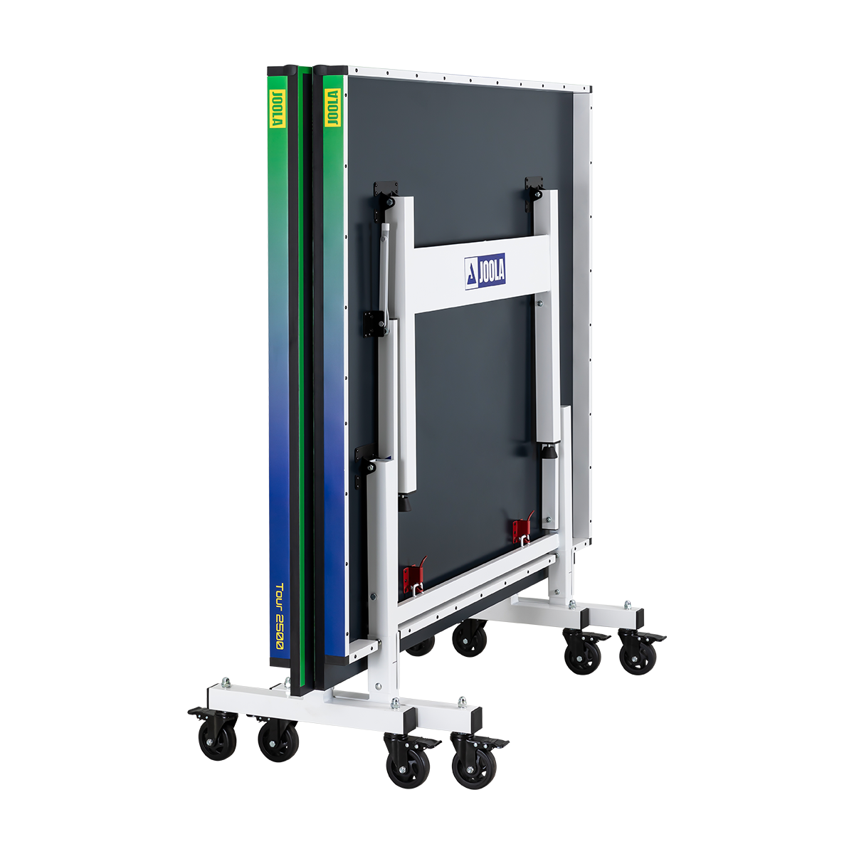 Folded JOOLA Tour 2500 Hugo Calderano table tennis table, folded and standing upright.