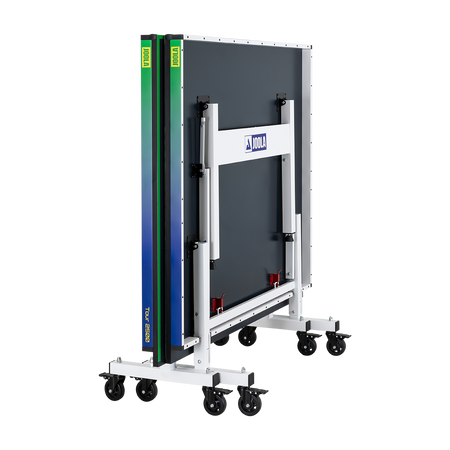 Folded JOOLA Tour 2500 Hugo Calderano table tennis table, folded and standing upright.