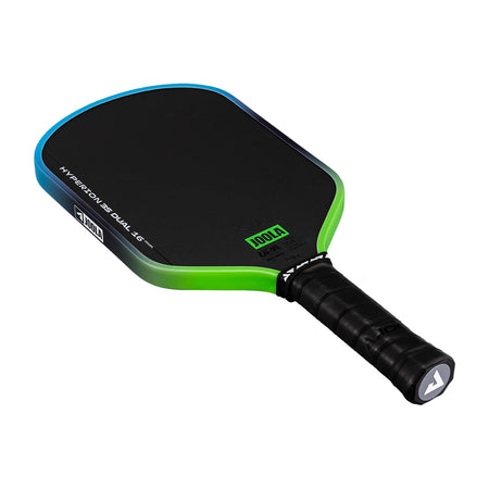 White background, image of a JOOLA Hyperion 3S Dual pickleball paddle with a green and blue dual gradiant edge guard.