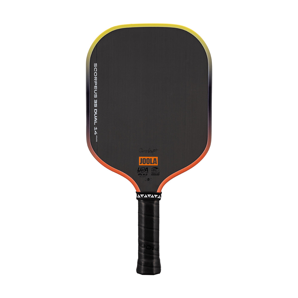 White background, Orange and Yellow gradiant edge guard on the JOOLA 3S Dual Scorpeus Pickleball Paddle.