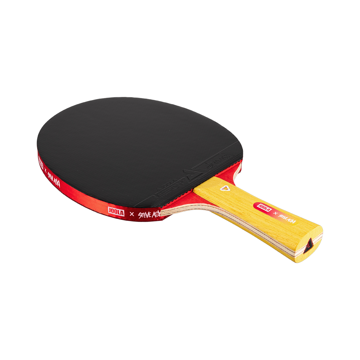 White background, product image of a JOOLA x Steve Aoki HiroQuest table tennis racket, yellow handle, read edge guard and black surface.
