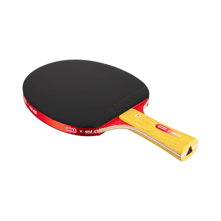 White background, product image of a JOOLA x Steve Aoki HiroQuest table tennis racket, yellow handle, read edge guard and black surface.