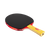 White background, product image of a JOOLA x Steve Aoki HiroQuest table tennis racket, yellow handle, read edge guard and black surface.