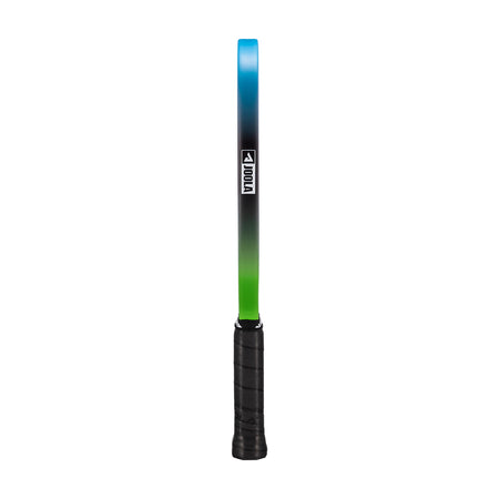 White background, side profile of a JOOLA Hyperion 3S Dual pickleball paddle. The edge guard is shown with a blue and green gradiant colorway on the edge guard and the JOOLA logo.