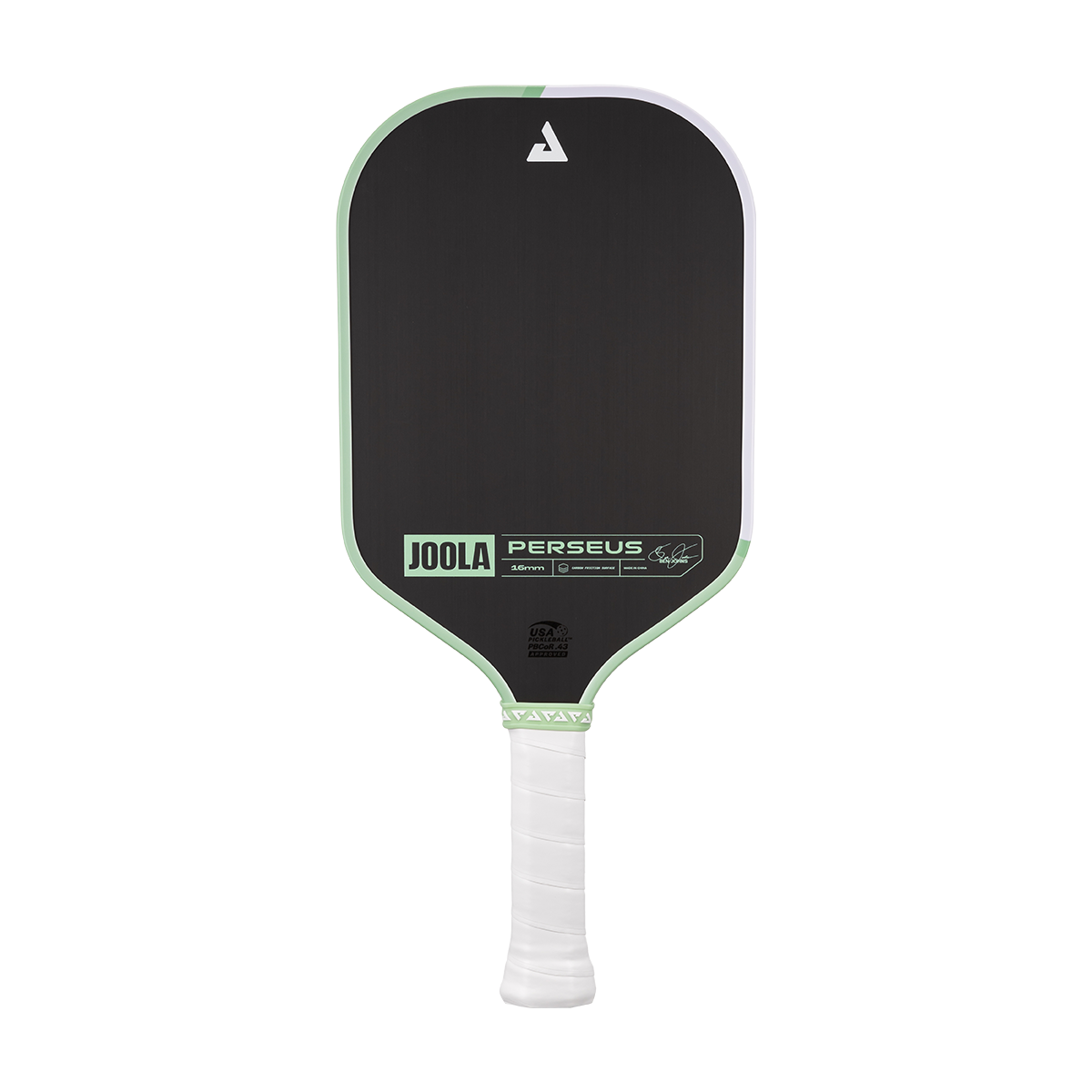 White background, angled product image of the JOOLA Perseus CFS pickleball paddle. White handle, with half mint green, half white edge guard.