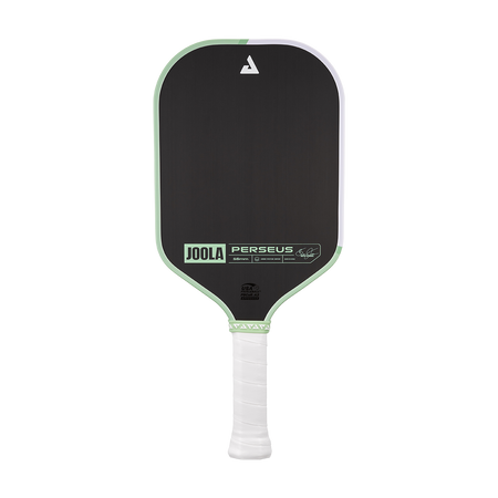 White background, angled product image of the JOOLA Perseus CFS pickleball paddle. White handle, with half mint green, half white edge guard.