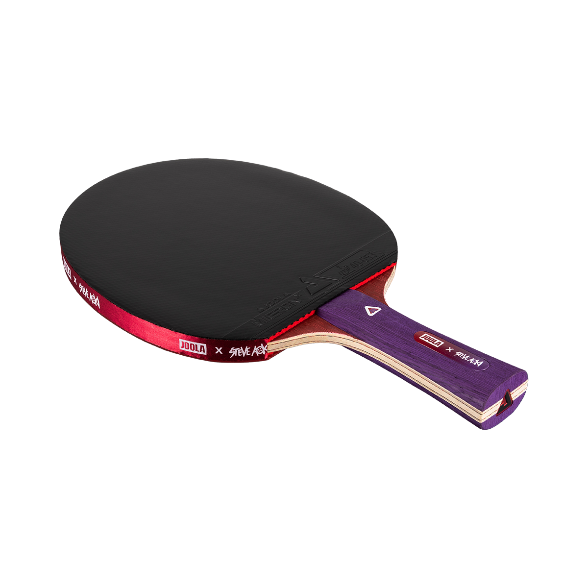 White background, product imafe of a JOOLA x Steve Aoki HyroQuest table tennis racket, purple handle, red edge and black surface.