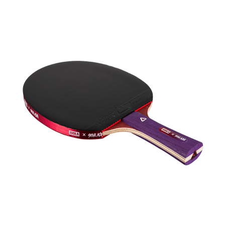 White background, product imafe of a JOOLA x Steve Aoki HyroQuest table tennis racket, purple handle, red edge and black surface.