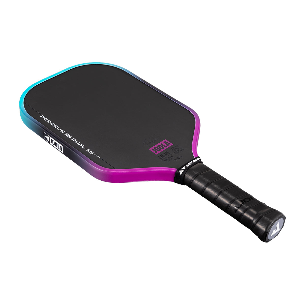 White background, angled view of the JOOLA Perseus 3S Dual pickleball paddle, blue and purple dual gradiant edge guard.
