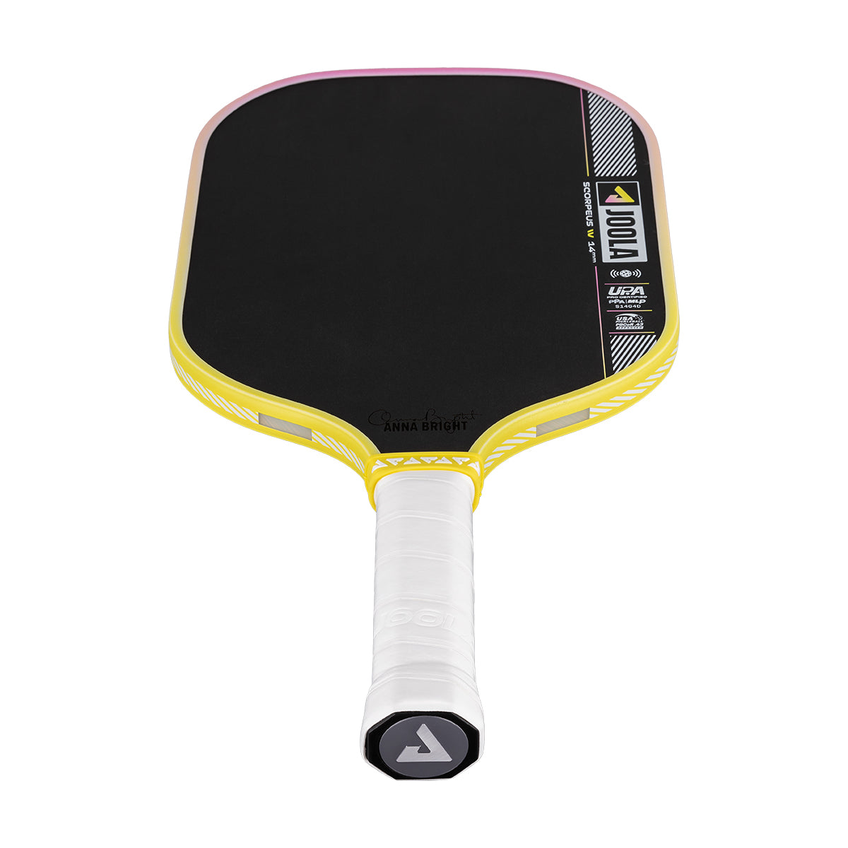 Yellow and black pickleball paddle with a white handle on a white background.