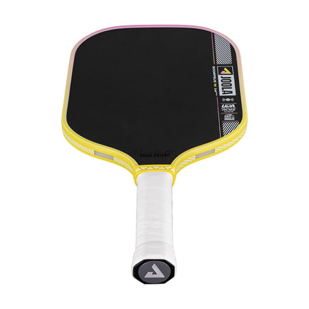 Yellow and black pickleball paddle with a white handle on a white background.