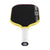 Yellow and black pickleball paddle with a white handle on a white background.