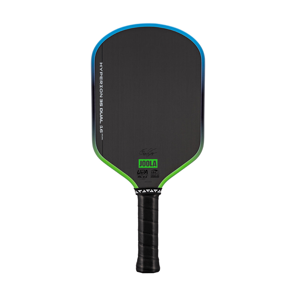 White background, image of a JOOLA Hyperion 3S Dual pickleball paddle with a green and blue dual gradiant edge guard.