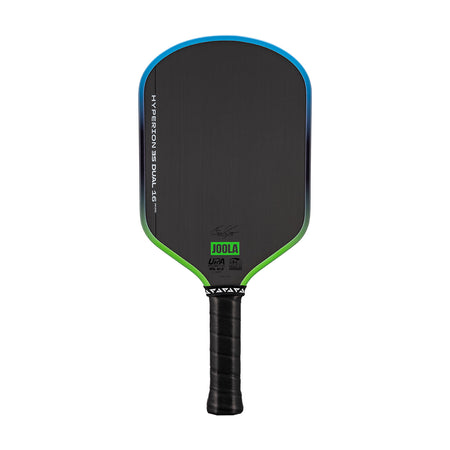 White background, image of a JOOLA Hyperion 3S Dual pickleball paddle with a green and blue dual gradiant edge guard.