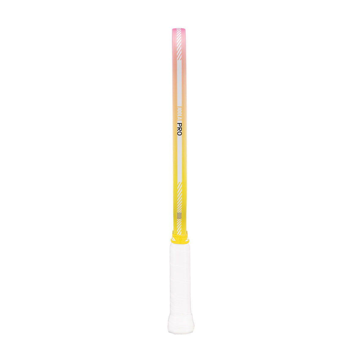 White background, view of the yellow and pink edge guard on the JOOLA Pro IV pickleball paddle.