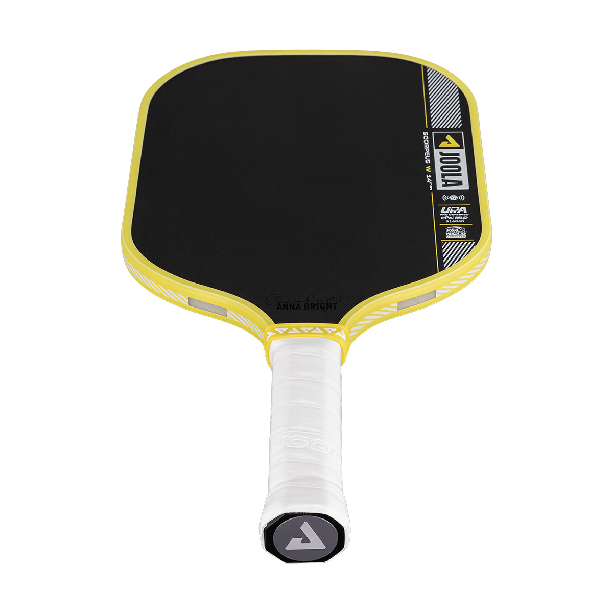 Pickleball paddle with black face and yellow rim on a white background
